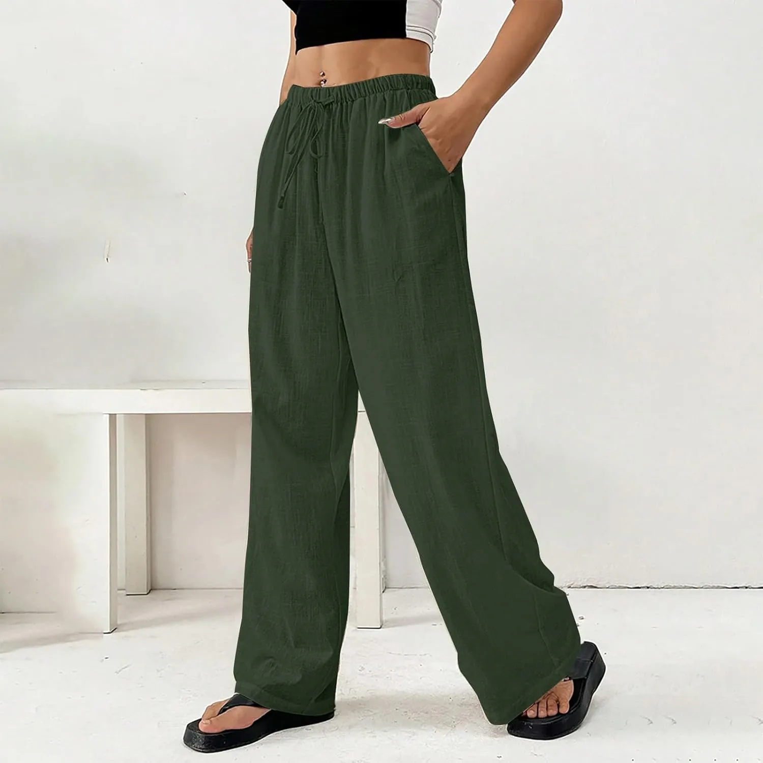 Womens Summer Gauze Pants Drawstring Waist Flowy Wide Leg Beach Trousers Loose Cotton Linen Palazzo Pant with Pockets