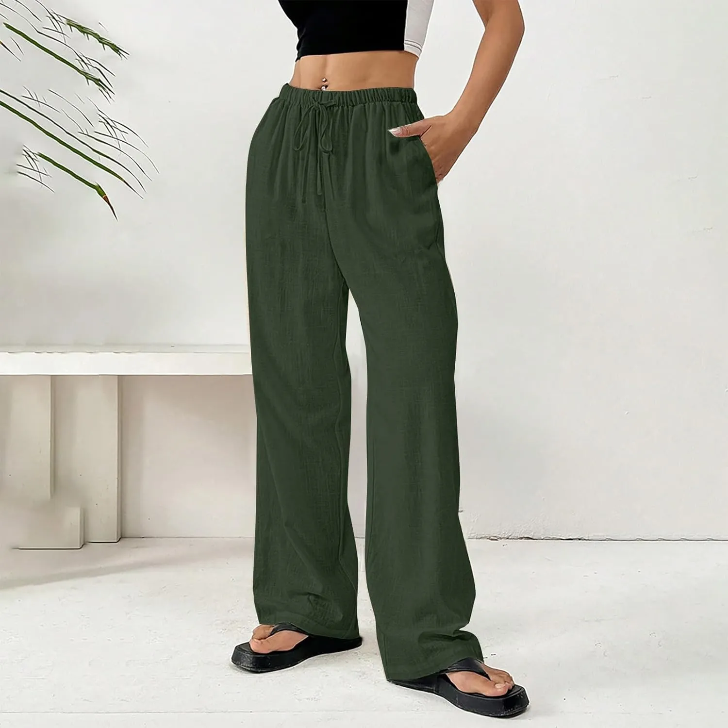 Womens Summer Gauze Pants Drawstring Waist Flowy Wide Leg Beach Trousers Loose Cotton Linen Palazzo Pant with Pockets