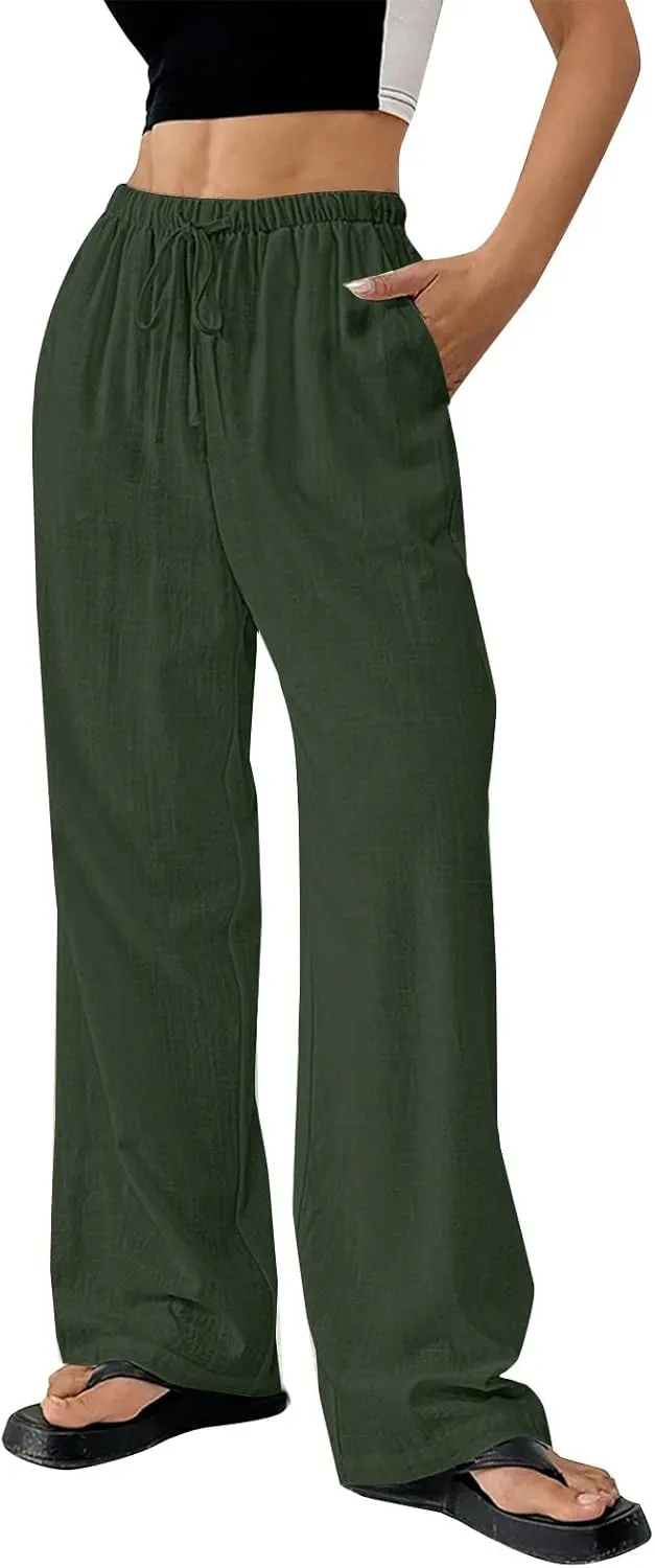 Womens Summer Gauze Pants Drawstring Waist Flowy Wide Leg Beach Trousers Loose Cotton Linen Palazzo Pant with Pockets