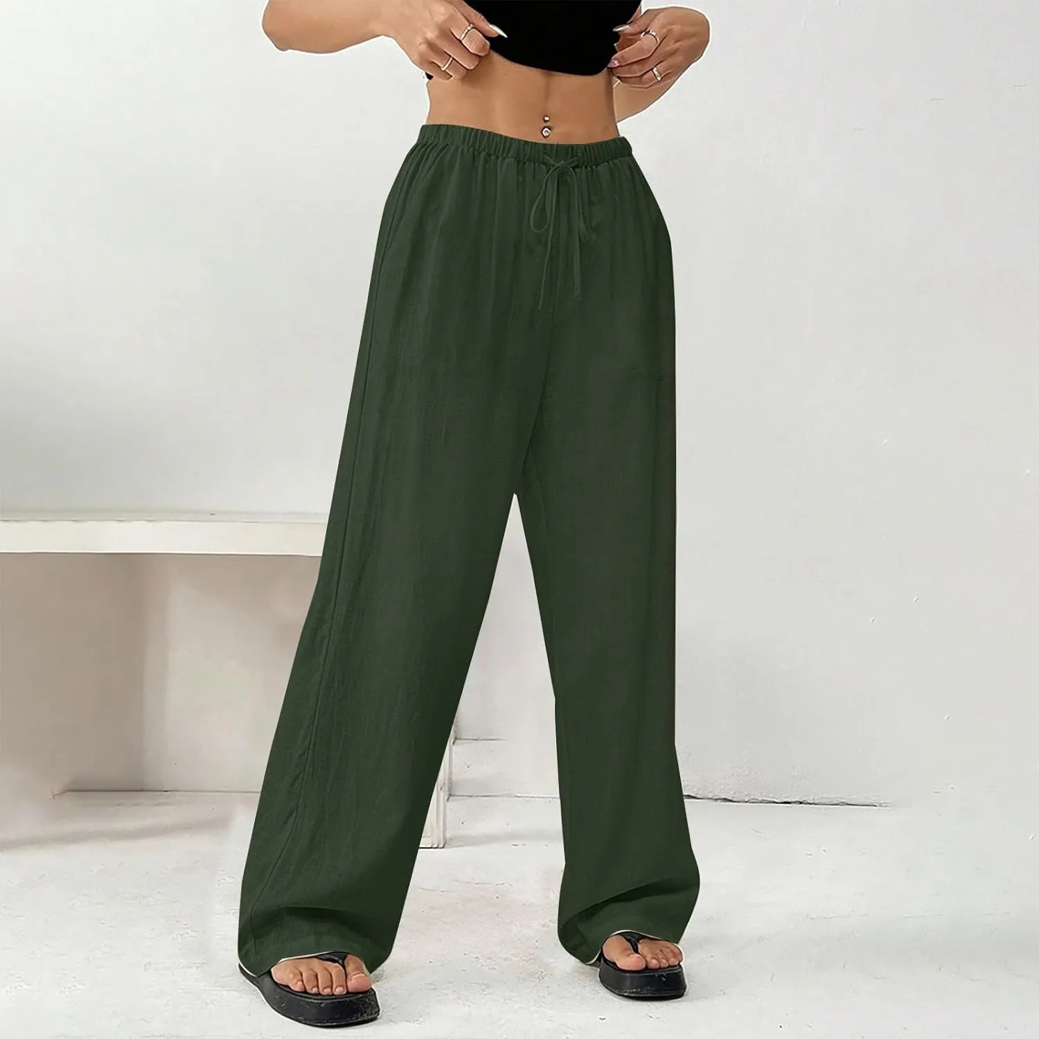 Womens Summer Gauze Pants Drawstring Waist Flowy Wide Leg Beach Trousers Loose Cotton Linen Palazzo Pant with Pockets