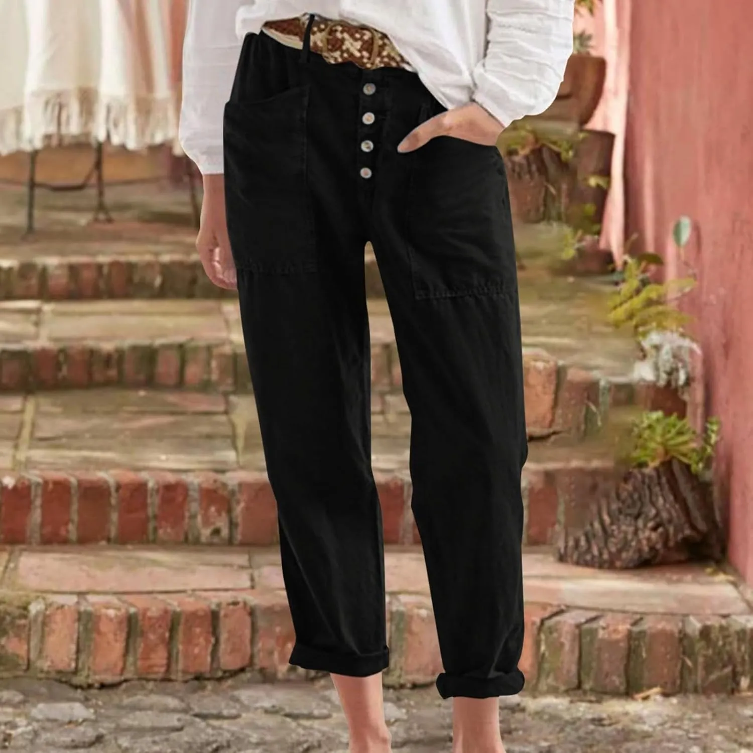 Womens Summer Linen Tapered Pants Belted Button Down Roll Up Capri Pants Hiking Workout Casual Loose Cropped Trousers