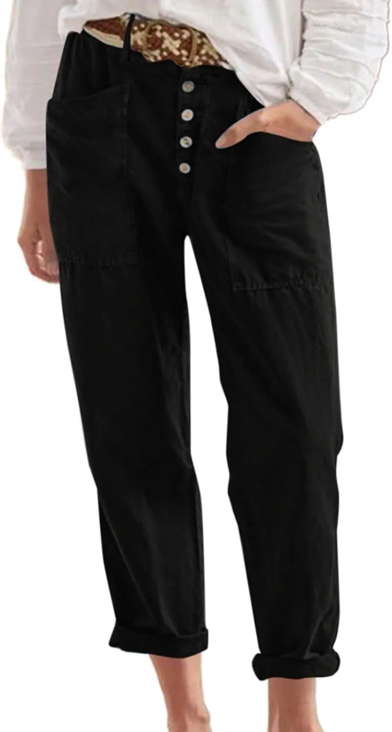 Womens Summer Linen Tapered Pants Belted Button Down Roll Up Capri Pants Hiking Workout Casual Loose Cropped Trousers