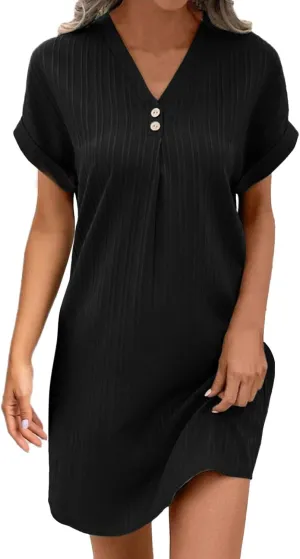 Womens Summer Shirt Dress Short Sleeve A Line Shift Dress Casual Loose Fit Beach Sundress Shirt Tunic Dresses with Pockets