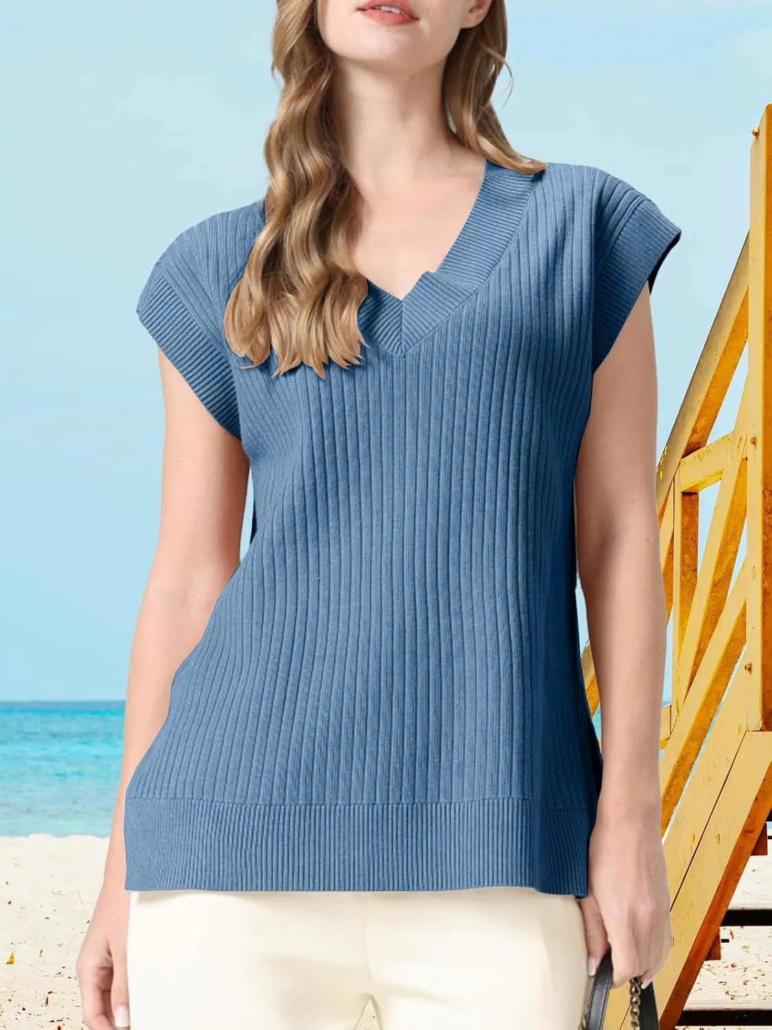 Womens Summer Tops 2025 Spring Sweater Vest Tank Top V Neck Ribbed Short Cap Sleeve Loose Fit Side Slit Trendy Casual Outfits