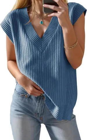 Womens Summer Tops 2025 Spring Sweater Vest Tank Top V Neck Ribbed Short Cap Sleeve Loose Fit Side Slit Trendy Casual Outfits
