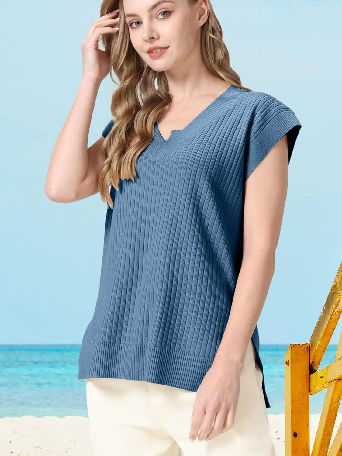 Womens Summer Tops 2025 Spring Sweater Vest Tank Top V Neck Ribbed Short Cap Sleeve Loose Fit Side Slit Trendy Casual Outfits