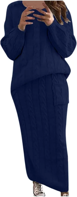 Womens Sweater Skirt Sets Chunky Cable Knit 2 Piece Outfit Winter Casual Crewneck Pullover Sweater and Long Skirts