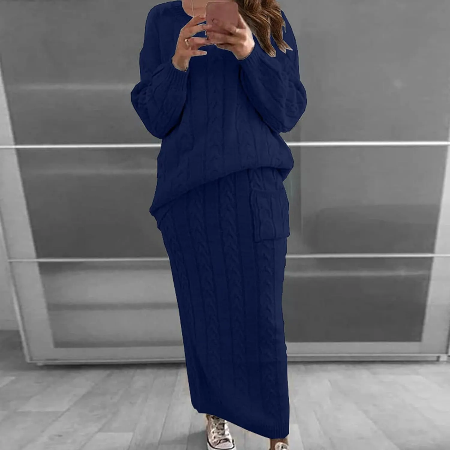 Womens Sweater Skirt Sets Chunky Cable Knit 2 Piece Outfit Winter Casual Crewneck Pullover Sweater and Long Skirts