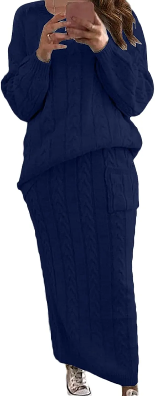 Womens Sweater Skirt Sets Chunky Cable Knit 2 Piece Outfit Winter Casual Crewneck Pullover Sweater and Long Skirts