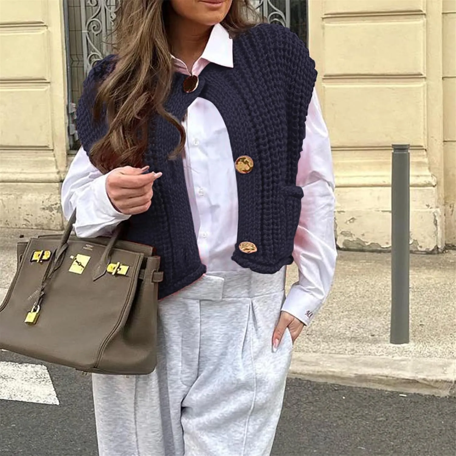 Womens Sweater Vest Fall Chunky Knit Top Gold Button Down Cropped Sleeveless Knitted Sweater Cardigan with Pockets