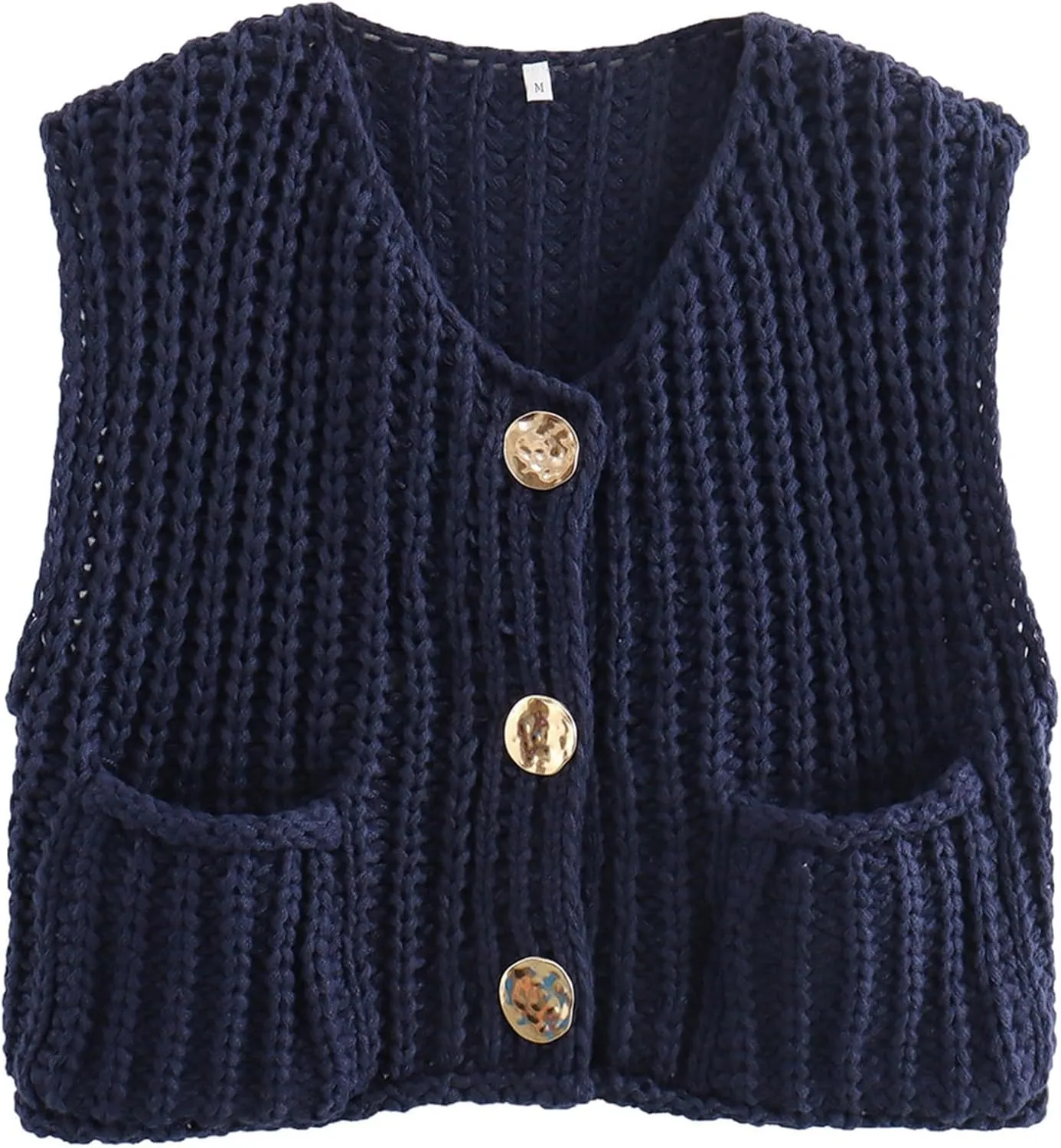 Womens Sweater Vest Fall Chunky Knit Top Gold Button Down Cropped Sleeveless Knitted Sweater Cardigan with Pockets