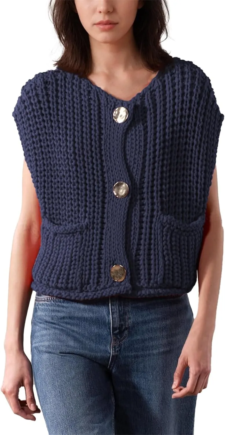 Womens Sweater Vest Fall Chunky Knit Top Gold Button Down Cropped Sleeveless Knitted Sweater Cardigan with Pockets