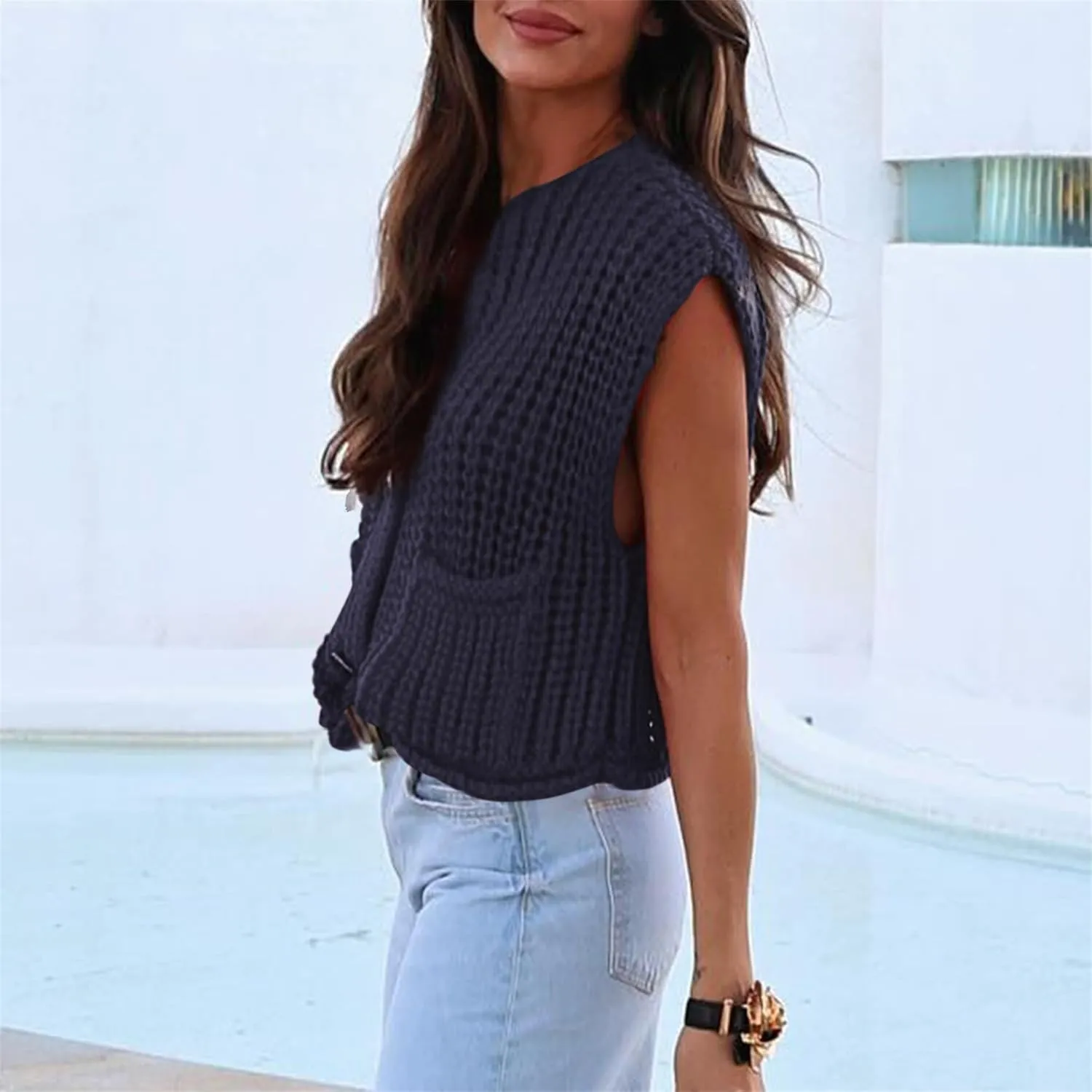 Womens Sweater Vest Fall Chunky Knit Top Gold Button Down Cropped Sleeveless Knitted Sweater Cardigan with Pockets