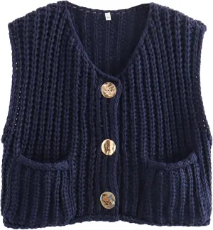 Womens Sweater Vest Fall Chunky Knit Top Gold Button Down Cropped Sleeveless Knitted Sweater Cardigan with Pockets