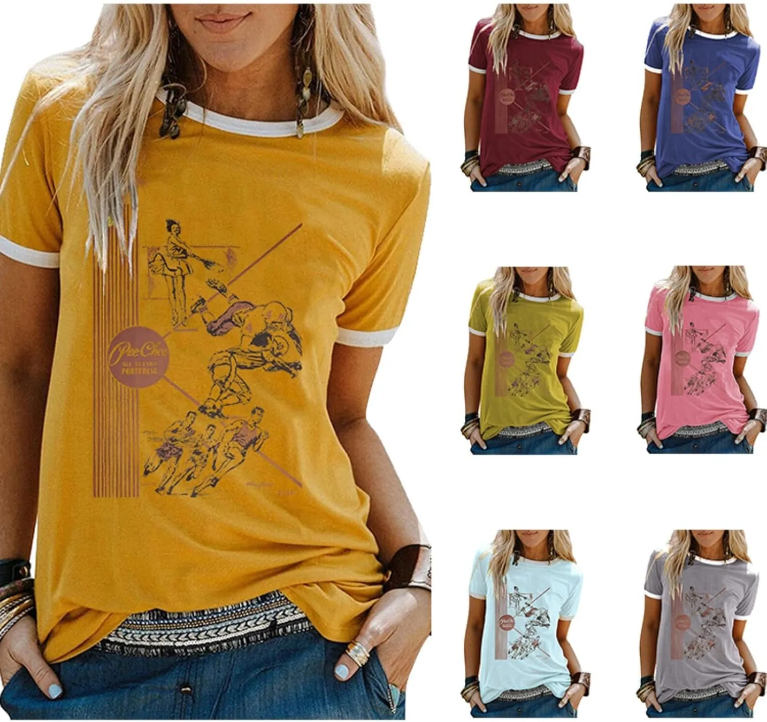 Women's Sweatshirt with Contrast Edge Pee Chee All Seakon Portfolio Letter Printed Short Sleeve T-Shirt Top Hip-hop Shirt