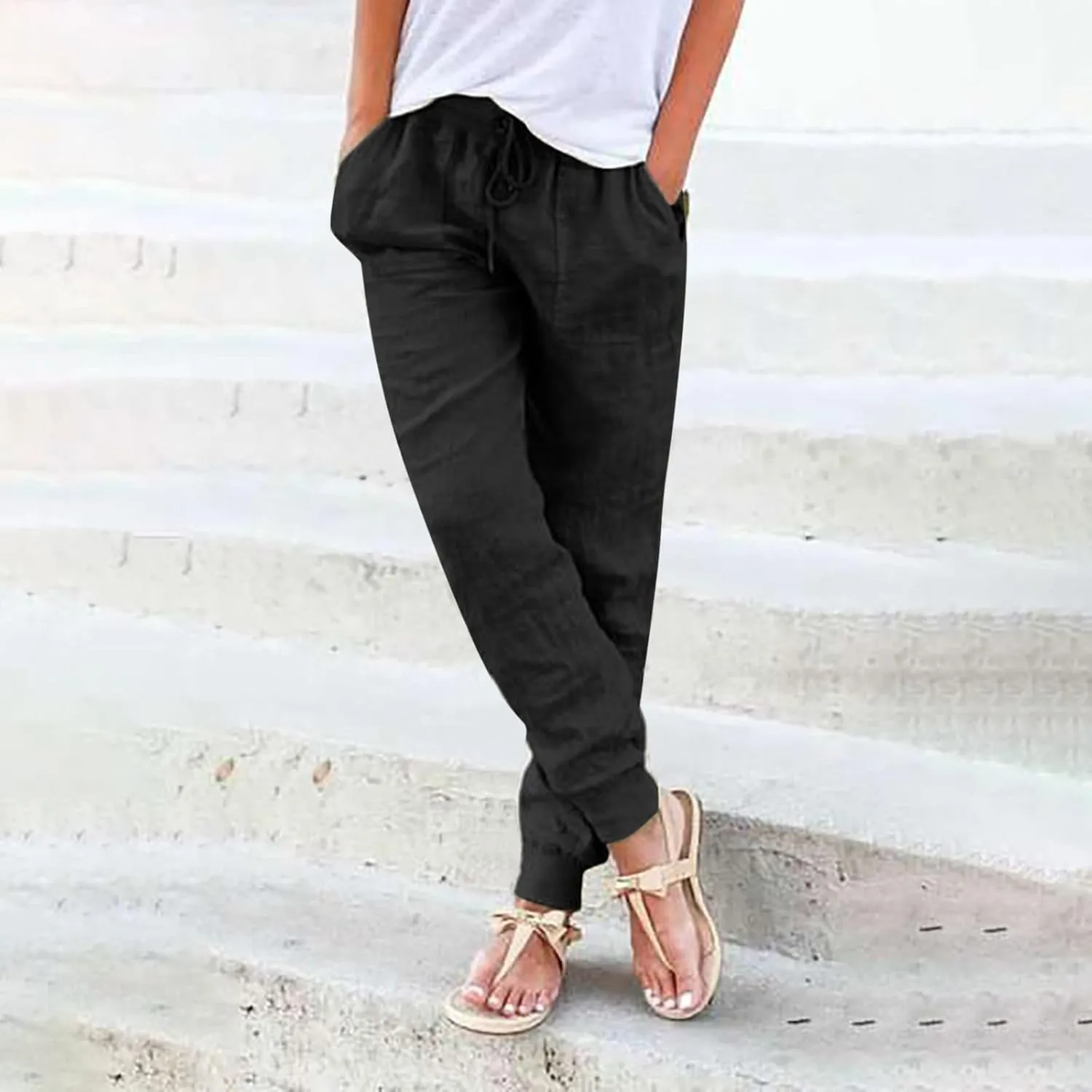 Womens Tapered Linen Pants Ankle Cotton Linen Drawstring Back Elastic Waist Pants Casual Trousers Capris with Pockets