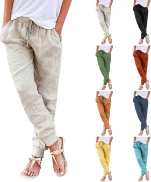 Womens Tapered Linen Pants Ankle Cotton Linen Drawstring Back Elastic Waist Pants Casual Trousers Capris with Pockets