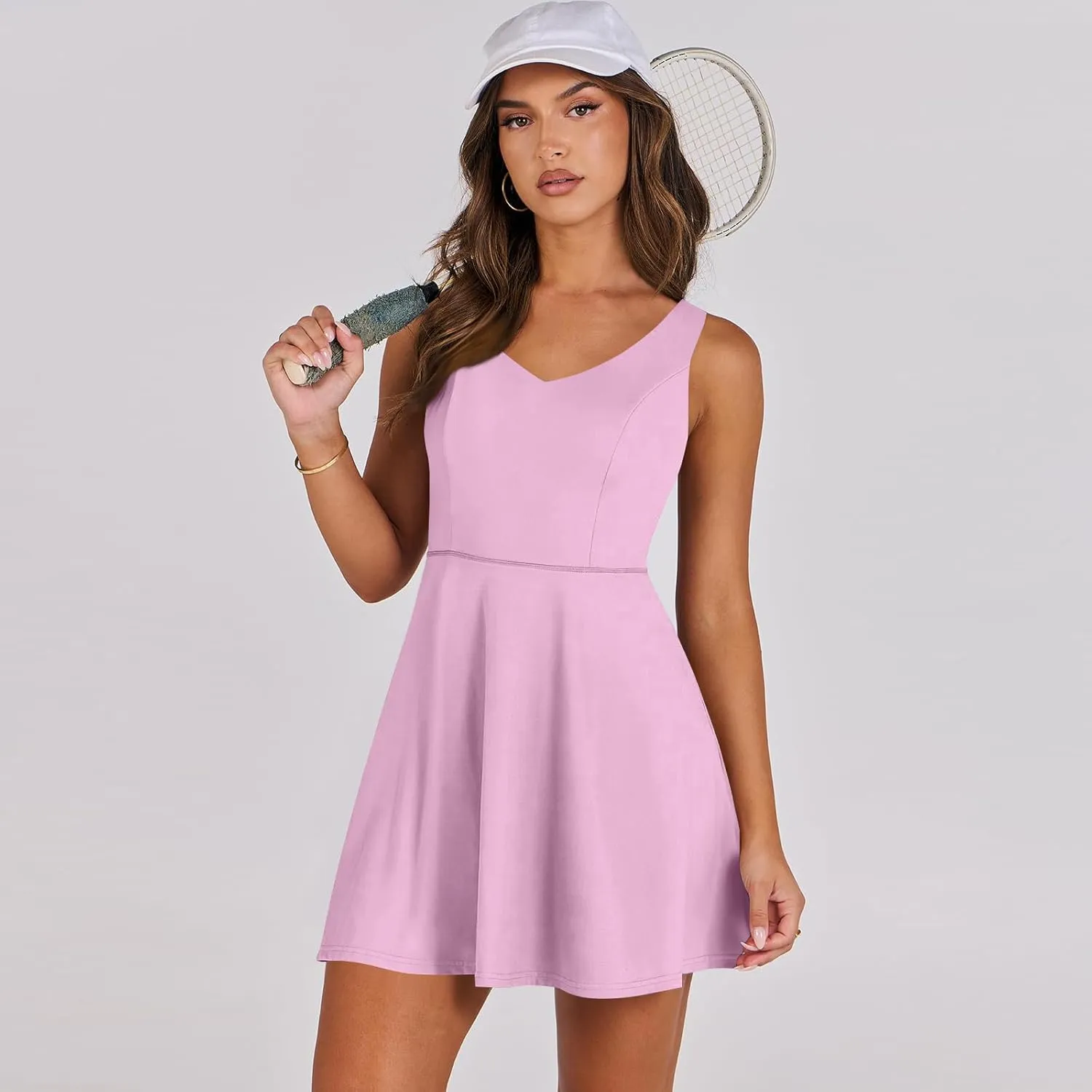 Womens Tennis Dress Summer Cross Tie Backless V Neck Tank Dresses Athletic Romper Dress with Shorts Underneath