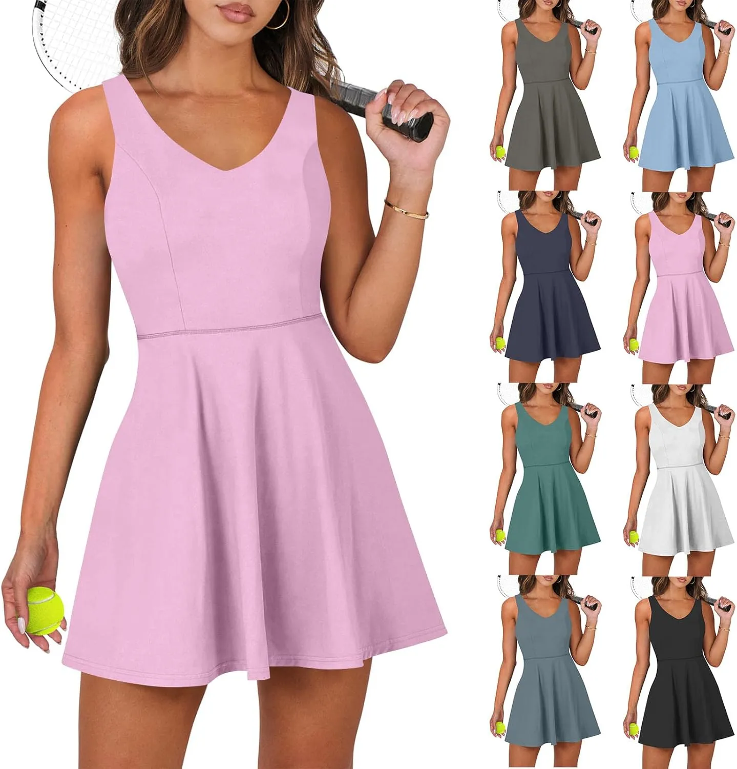 Womens Tennis Dress Summer Cross Tie Backless V Neck Tank Dresses Athletic Romper Dress with Shorts Underneath