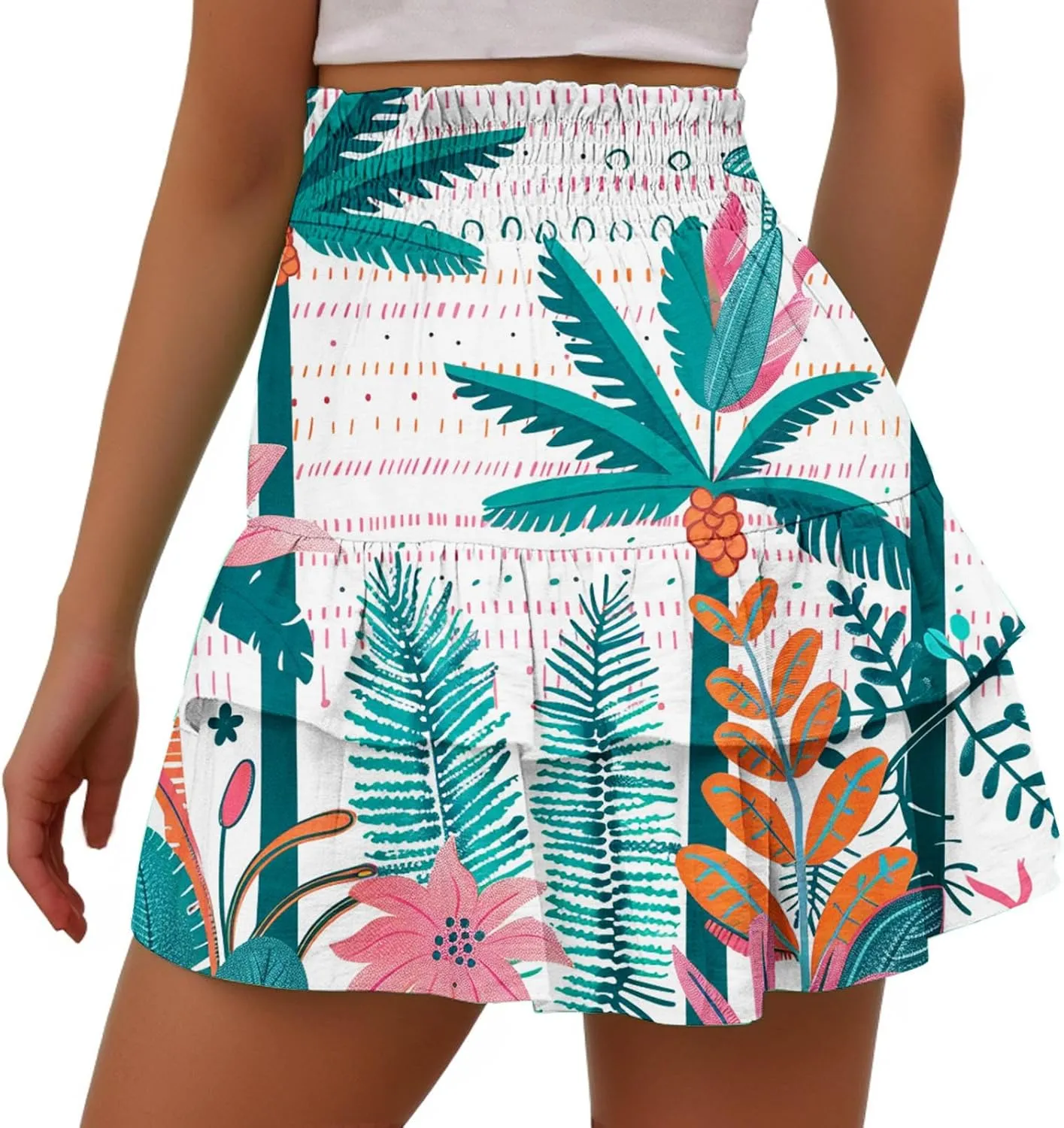 Womens Tie Dye Ruffle Mini Skirt High Waist Elastic Layered Summer Skort Shorts Casual Beach Skirt Inner Liner Shorts