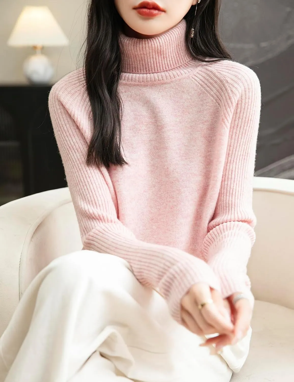 Women's Turtleneck 100% Merino Wool Sweater 2025 Fall Winter Classic Warm Soft Raglan Long Sleeve Knit Sweater
