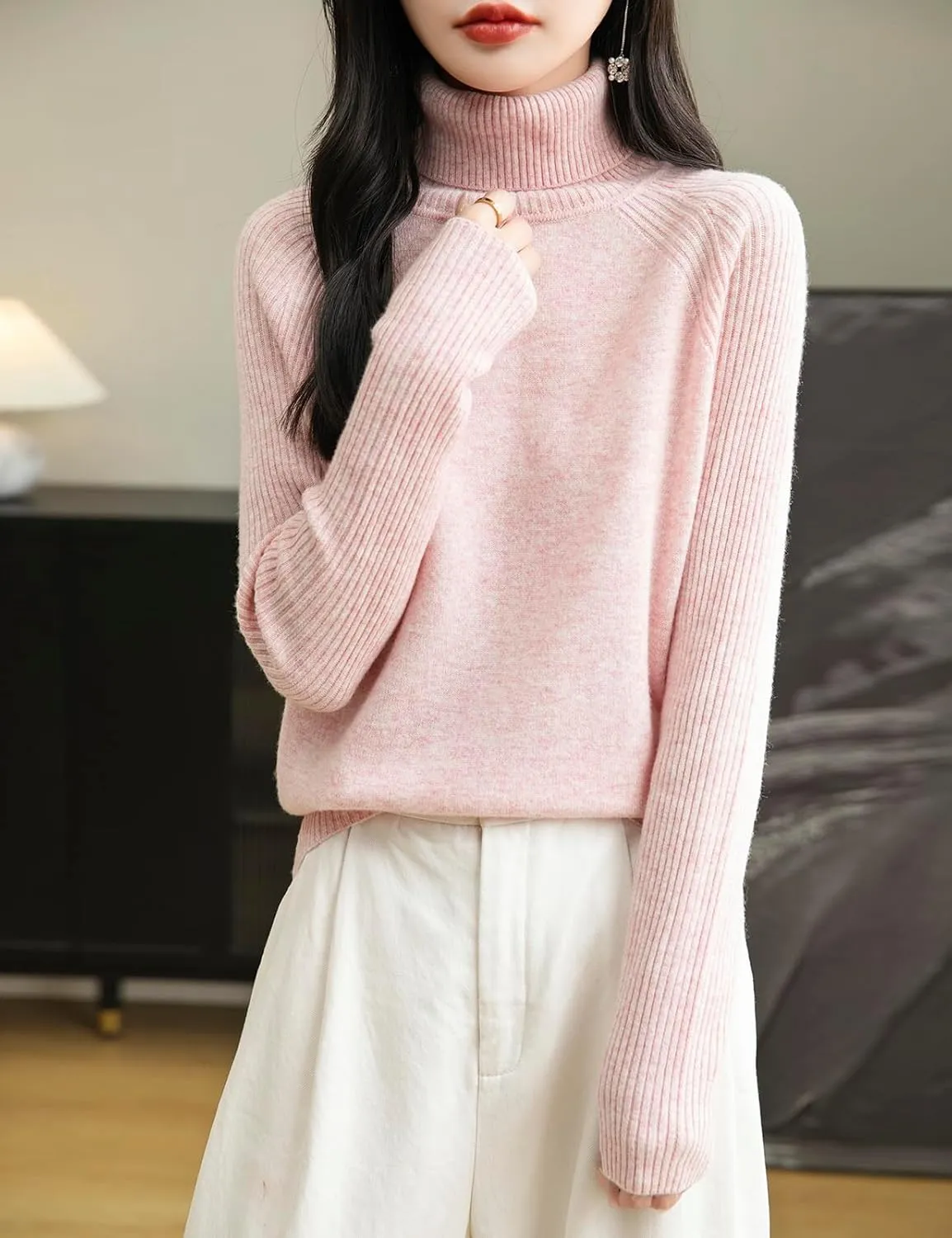 Women's Turtleneck 100% Merino Wool Sweater 2025 Fall Winter Classic Warm Soft Raglan Long Sleeve Knit Sweater