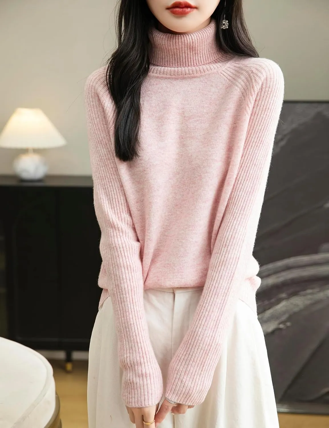 Women's Turtleneck 100% Merino Wool Sweater 2025 Fall Winter Classic Warm Soft Raglan Long Sleeve Knit Sweater