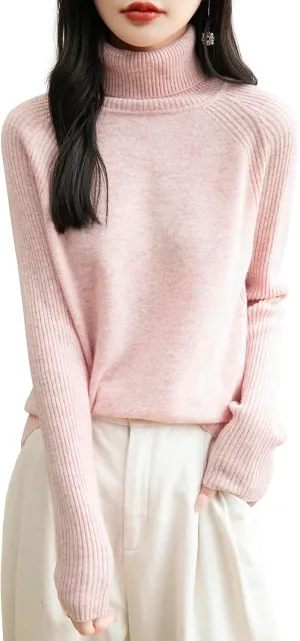 Women's Turtleneck 100% Merino Wool Sweater 2025 Fall Winter Classic Warm Soft Raglan Long Sleeve Knit Sweater