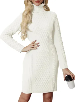 Women's Turtleneck Sweater Cable Knit Long Sleeve Sexy Pullover Tunic Mini Bodycon Sweater Dress Trendy Outfits