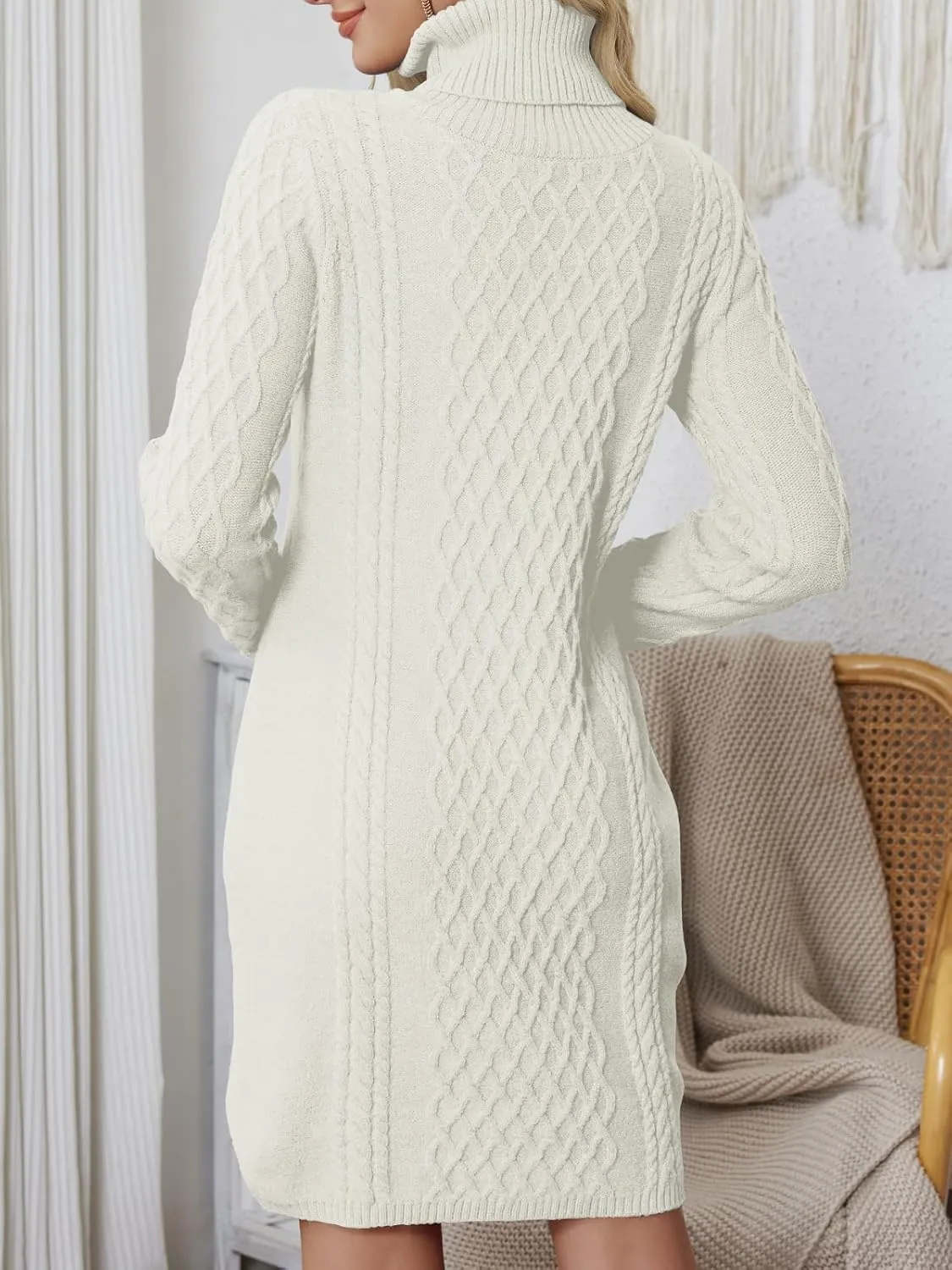 Women's Turtleneck Sweater Cable Knit Long Sleeve Sexy Pullover Tunic Mini Bodycon Sweater Dress Trendy Outfits