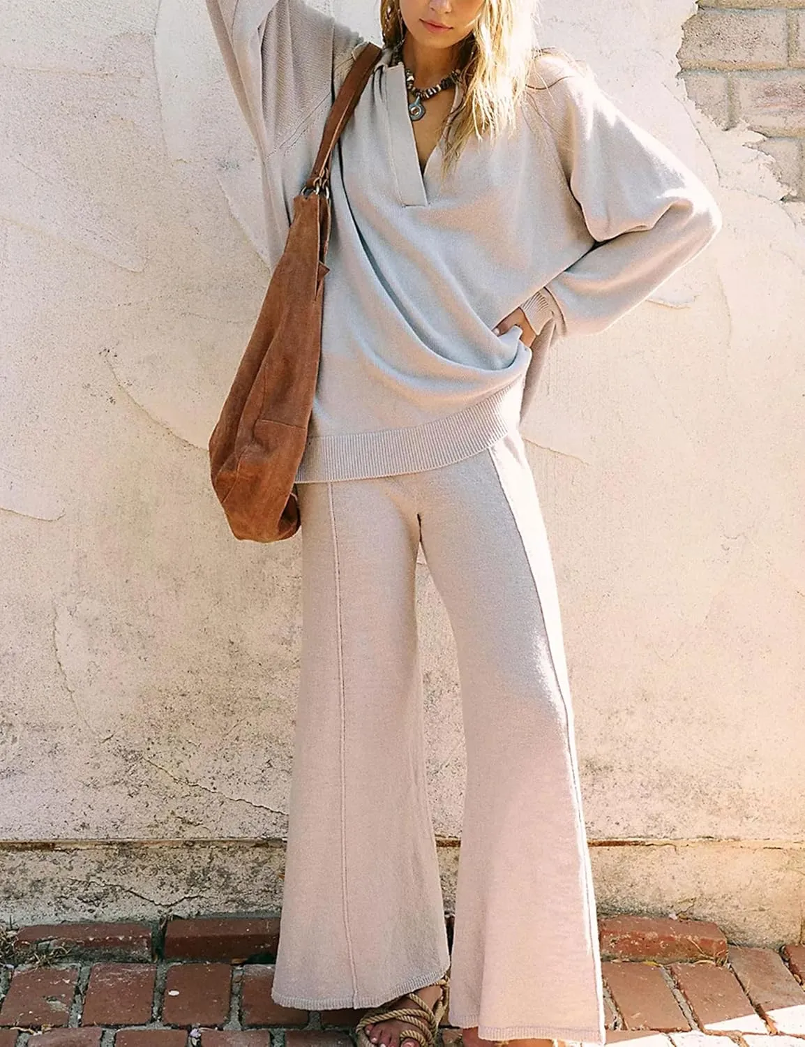 Womens Two Piece Sets Casual Long Sleeve V Neck Knit Pullover Top Wide Leg Pants Sweatsuit Lounge Outfits