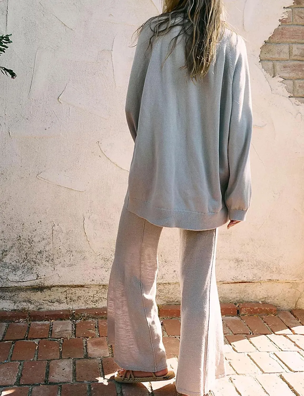 Womens Two Piece Sets Casual Long Sleeve V Neck Knit Pullover Top Wide Leg Pants Sweatsuit Lounge Outfits