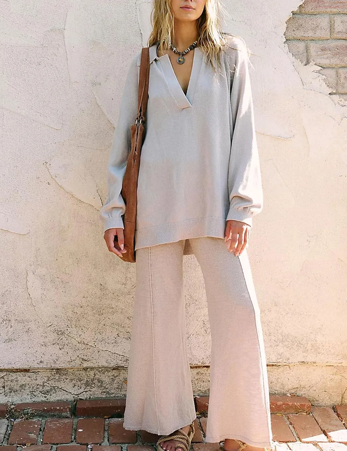 Womens Two Piece Sets Casual Long Sleeve V Neck Knit Pullover Top Wide Leg Pants Sweatsuit Lounge Outfits