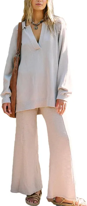 Womens Two Piece Sets Casual Long Sleeve V Neck Knit Pullover Top Wide Leg Pants Sweatsuit Lounge Outfits