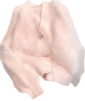 Womens Warm Fluffy Fur Cardigan Fuzzy Sweater Y2K Coat Solid Long Sleeve V Neck Rhinestone Bow Sweater
