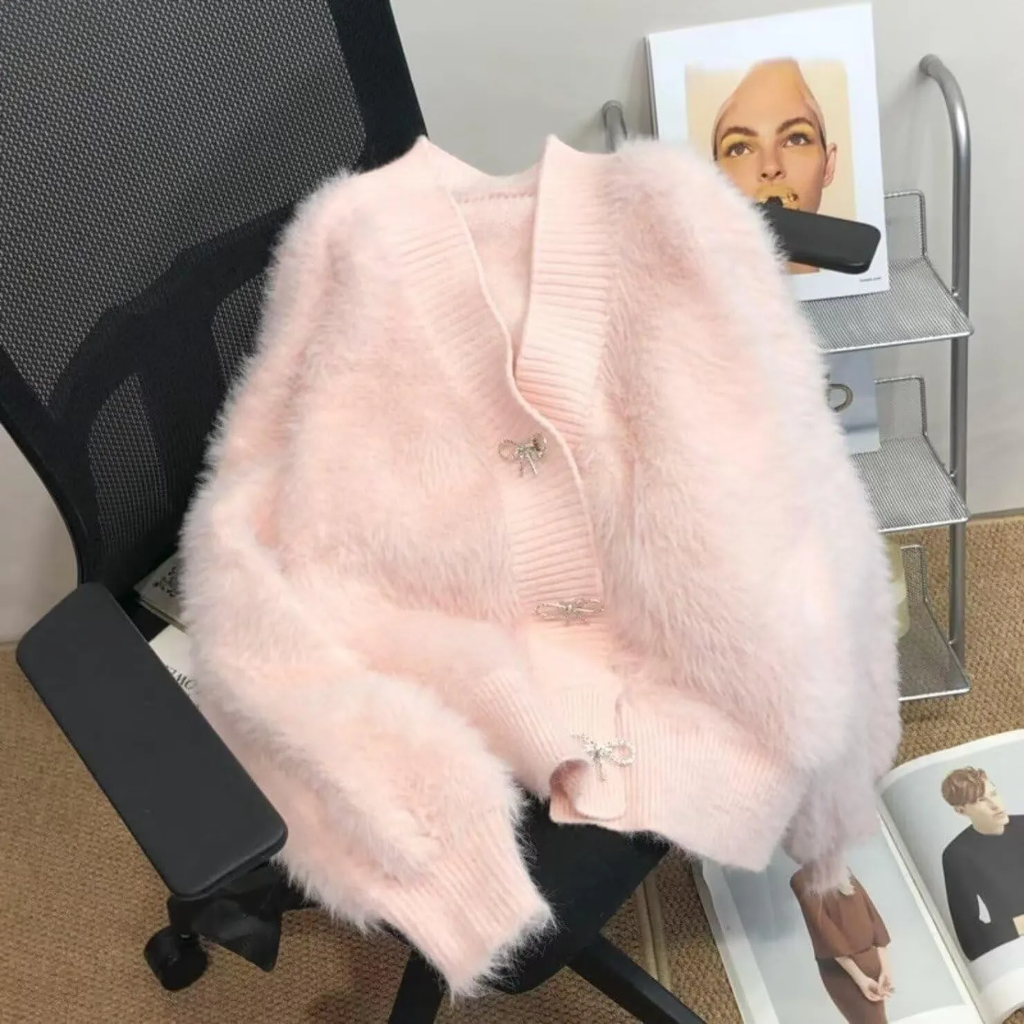 Womens Warm Fluffy Fur Cardigan Fuzzy Sweater Y2K Coat Solid Long Sleeve V Neck Rhinestone Bow Sweater