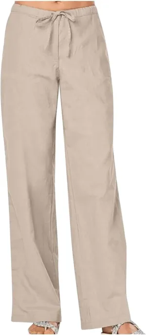 Women's Wide Leg Linen Pants, 2025 Summer High Waisted Casual Slacks Cotton Linen Palazzo Trousers with Pockets