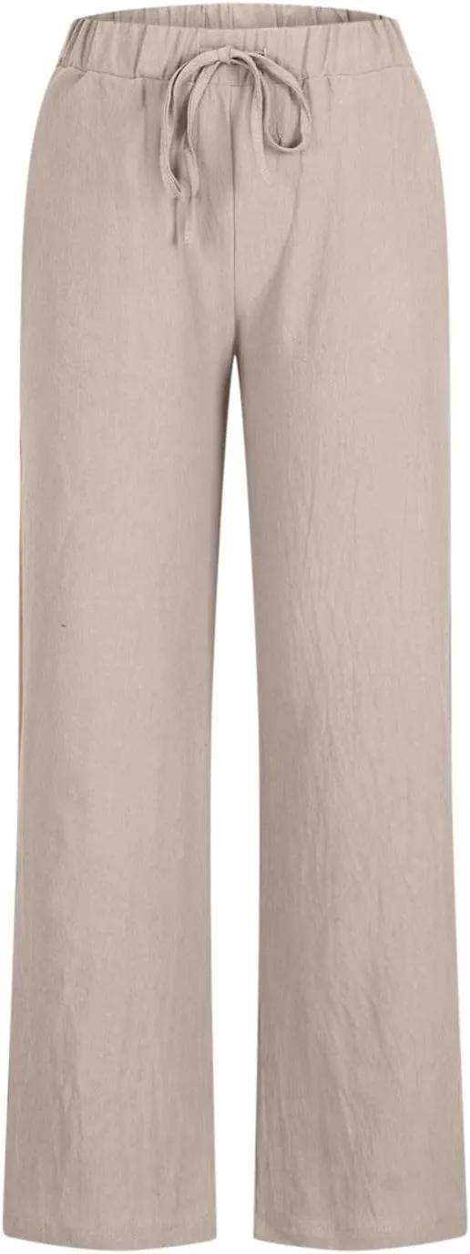 Women's Wide Leg Linen Pants, 2025 Summer High Waisted Casual Slacks Cotton Linen Palazzo Trousers with Pockets