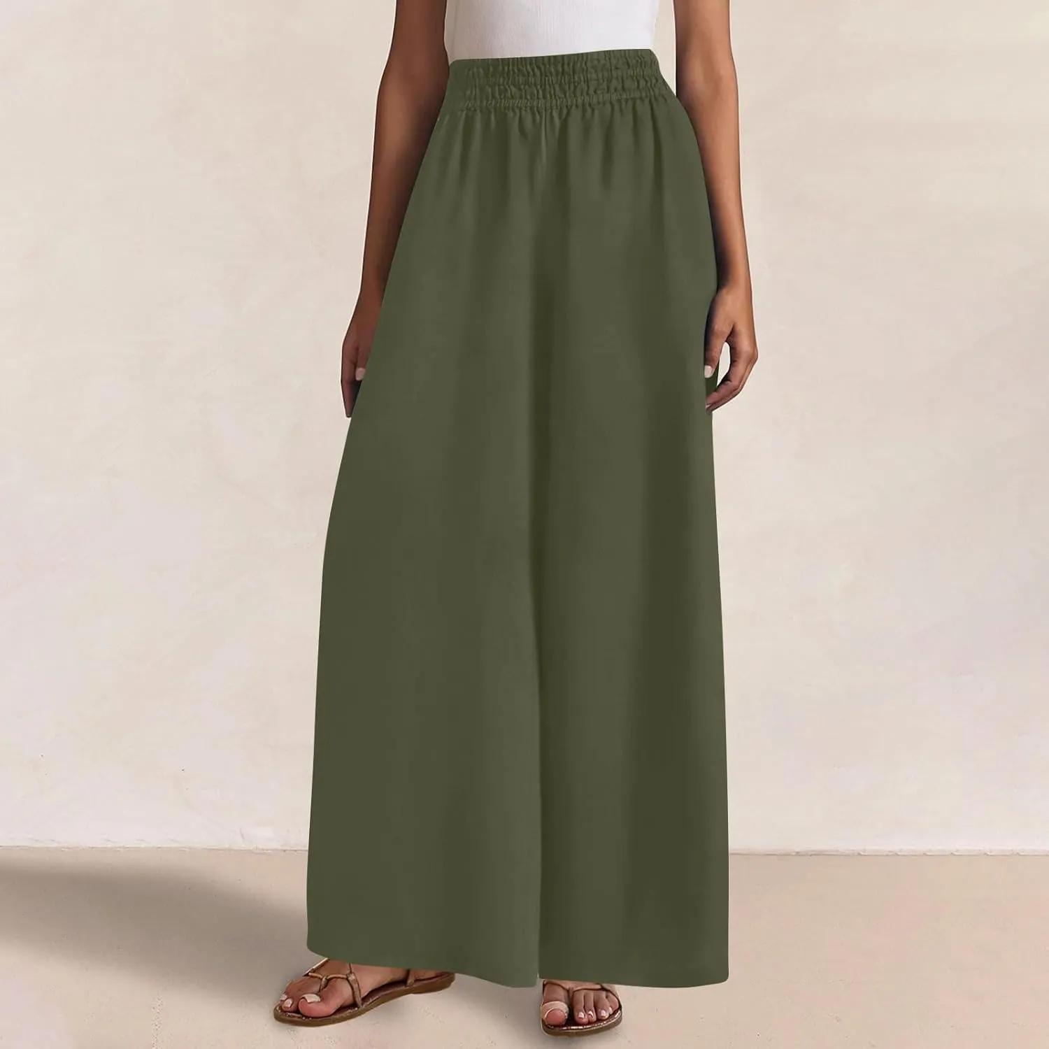 Womens Wide Leg Linen Pants Casual High Elastic Waist Loose Palazzo Pants Summer Beach Flowy Trousers with Pockets