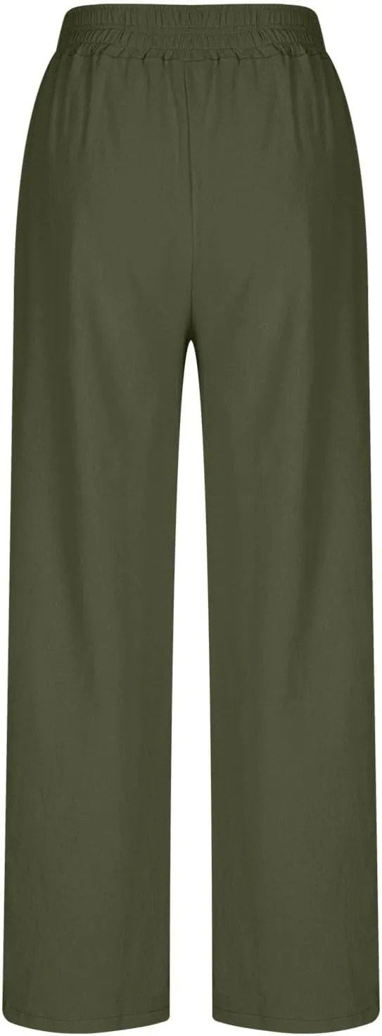 Womens Wide Leg Linen Pants Casual High Elastic Waist Loose Palazzo Pants Summer Beach Flowy Trousers with Pockets