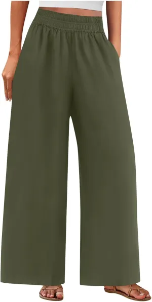 Womens Wide Leg Linen Pants Casual High Elastic Waist Loose Palazzo Pants Summer Beach Flowy Trousers with Pockets