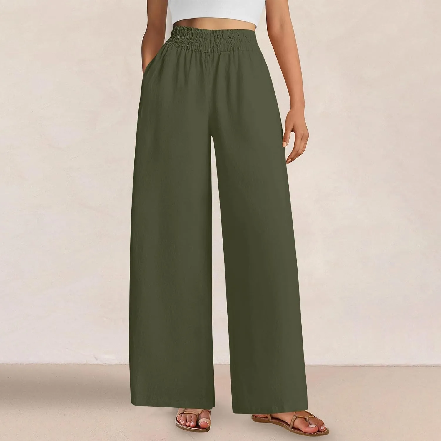 Womens Wide Leg Linen Pants Casual High Elastic Waist Loose Palazzo Pants Summer Beach Flowy Trousers with Pockets
