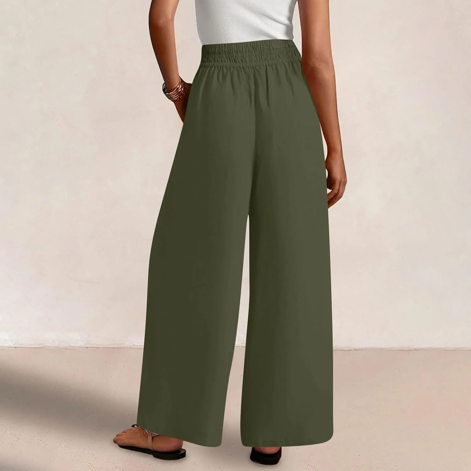 Womens Wide Leg Linen Pants Casual High Elastic Waist Loose Palazzo Pants Summer Beach Flowy Trousers with Pockets