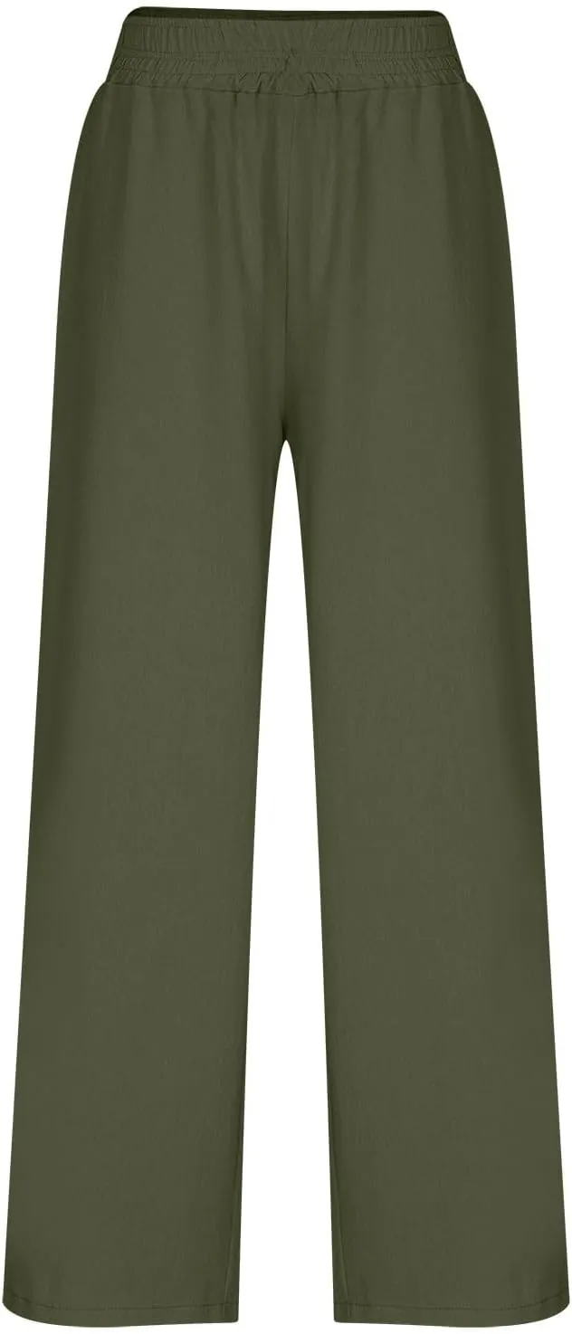 Womens Wide Leg Linen Pants Casual High Elastic Waist Loose Palazzo Pants Summer Beach Flowy Trousers with Pockets