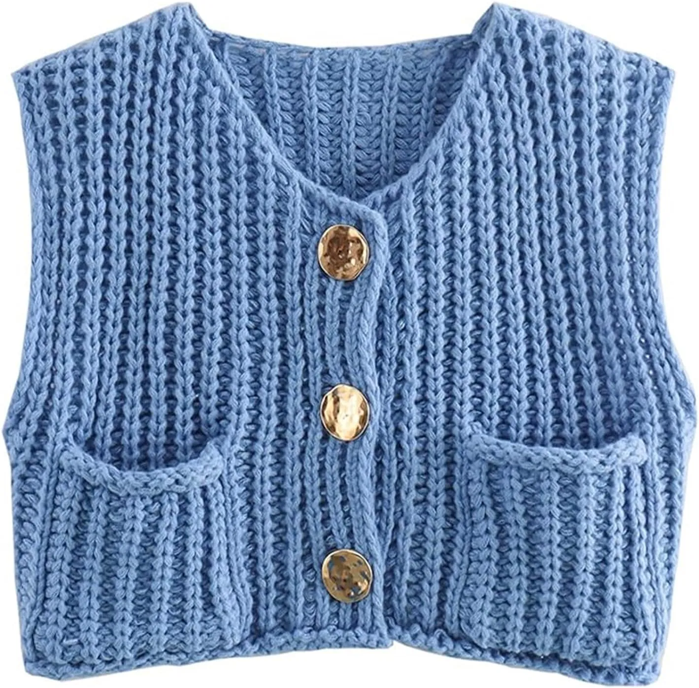 Wyeysyt Sweater Vest Women Sleeveless Crop Knit Cardigan Casual Button Down Cropped Knitted Sweater Vest with Pockets