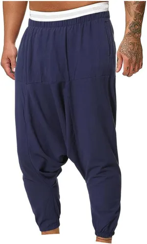 XUNRYAN Men's Linen Harem Palazzo Pants Lightweight Loose Fit Long Elastic Waist Casual Beach Yoga Trousers Cropped Joggers