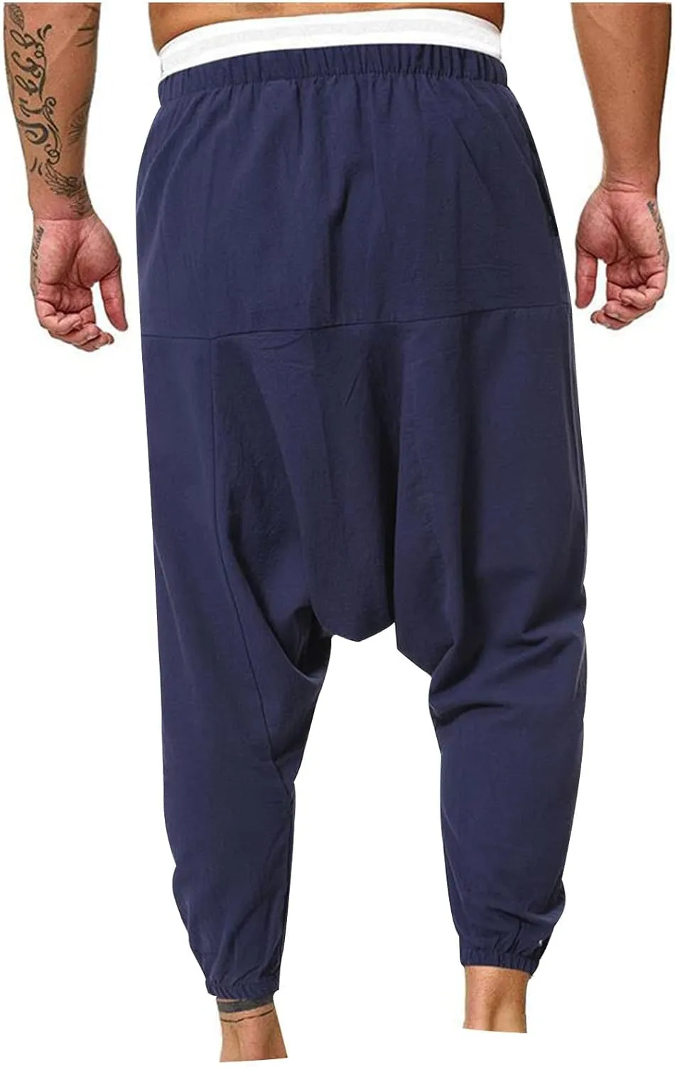 XUNRYAN Men's Linen Harem Palazzo Pants Lightweight Loose Fit Long Elastic Waist Casual Beach Yoga Trousers Cropped Joggers