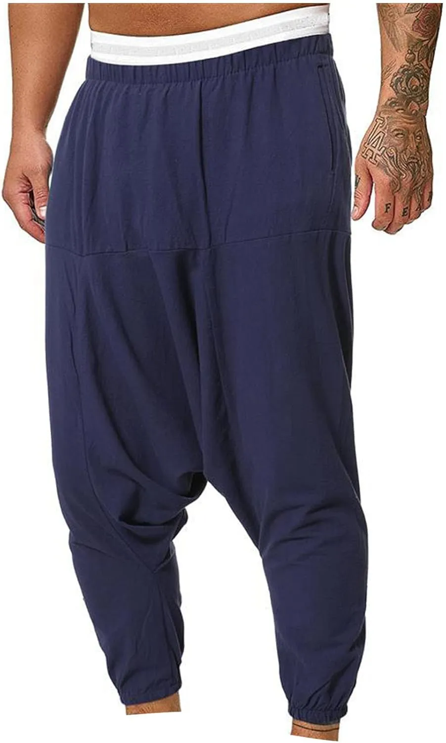 XUNRYAN Men's Linen Harem Palazzo Pants Lightweight Loose Fit Long Elastic Waist Casual Beach Yoga Trousers Cropped Joggers
