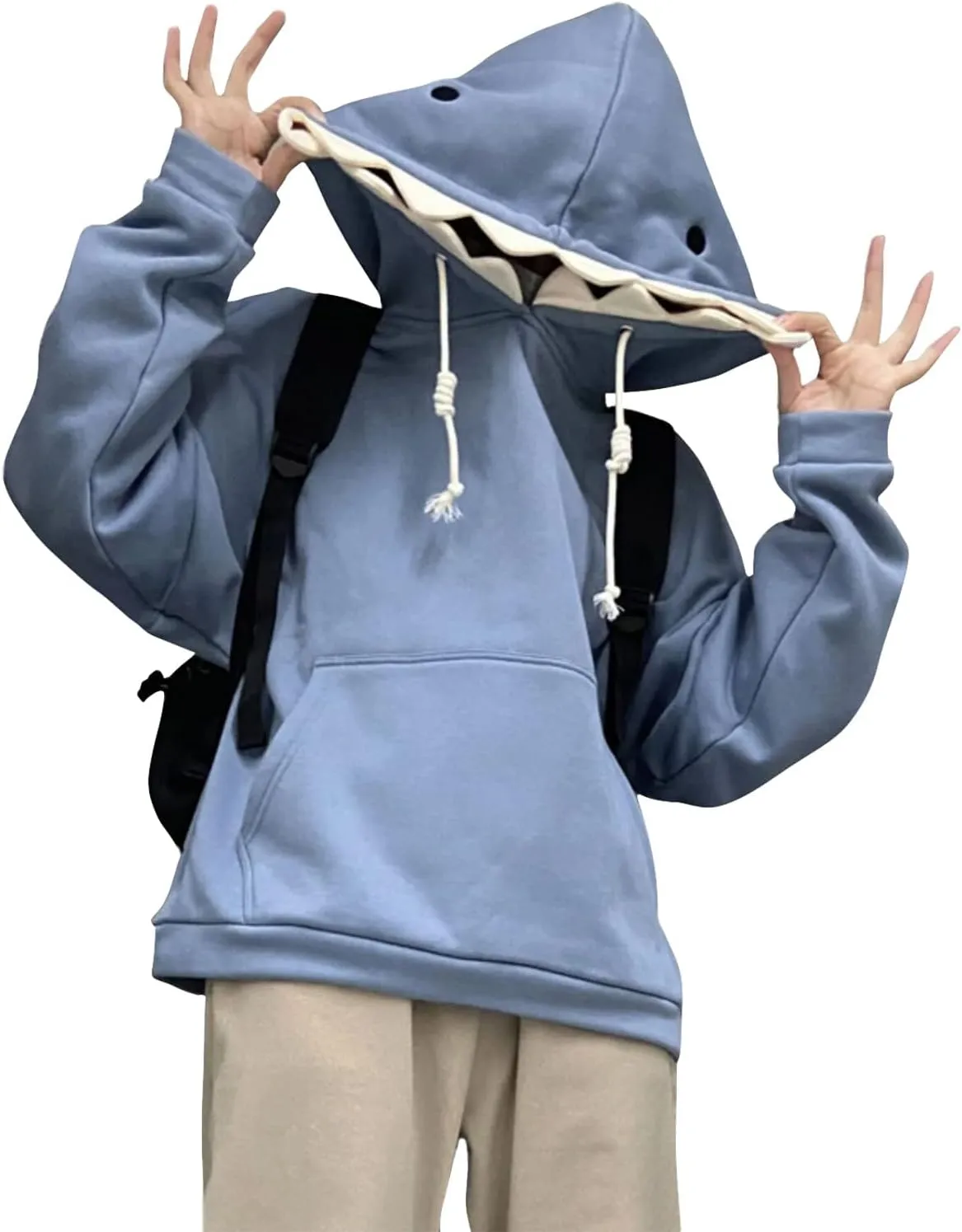 YEMOCILE Women Cute Shark Hoodie Long Sleeve Blue Kawaii Animal Shark Shape Hooded Pullover Sweatshirts