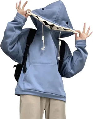 YEMOCILE Women Cute Shark Hoodie Long Sleeve Blue Kawaii Animal Shark Shape Hooded Pullover Sweatshirts